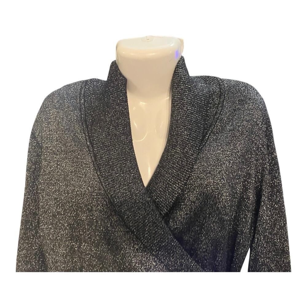 Reba Women's Black/Silver Metallic Faux Wrap Long Sleeve Sweater Dressy SZ M - Picture 3 of 9